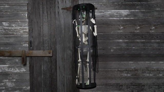 SNW83227FAB3UCE-0 40 Activated LED & Sound Shaking Skeleton in Cage Halloween Decoration