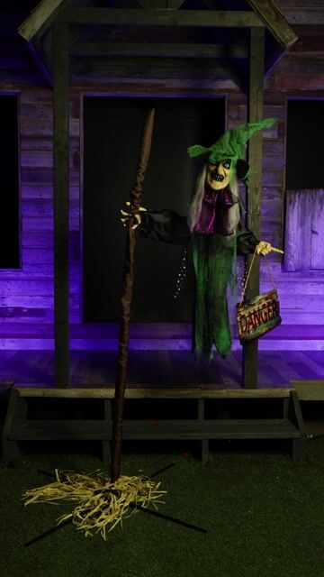 Take "flying off the handle" to a whole new meaning when you add this exclusive 6.5FT Flying Florence Animatronic Witch Decoration to you Halloween display. Stay clear of wayward spells and flying toads!