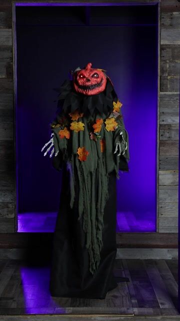 Needing some help keeping your pumpkin patch clear of critters? Then this exclusive 5.5FT Creepy Jeeves the Pumpkin Greeter Animatronic Decoration is sure to scare away anything, or anyone, that dares to enter.
