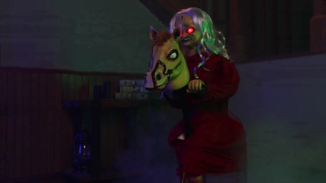 FUN3280 RED DRESS VARIENT 3.5FT Light Up Talking Doll on Animated Rocking Horse Decoration