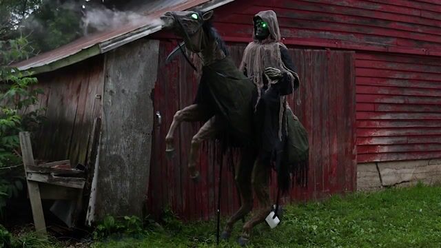 Make way for death on horseback! Standing 7 feet tall, this exclusive Reaper's Ride Animatronic Decoration brings ghostly movement, haunting lights, and grim sound effects to your Halloween display.