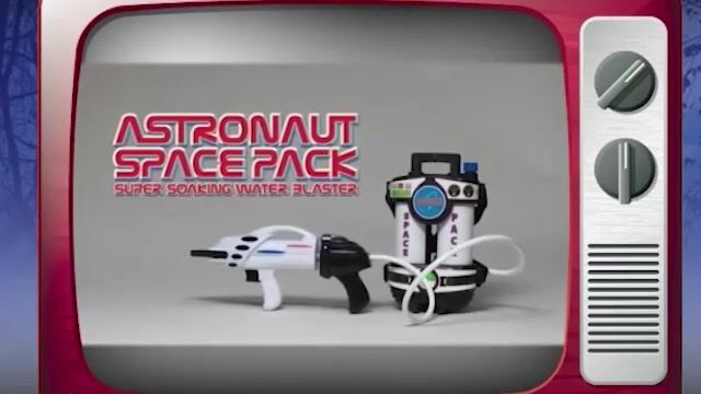 Blast off to space age action with the Astronaut Space Pack. The pack shoots water up to 30 feet. The easy to hold grip turn 360 degrees and the nozzle shoots water in multiple directions at the same time. With its colorful graphics and backpack design, the astronaut space pack delivers up to 60 blasts from a single fill of its 1 liter tank.